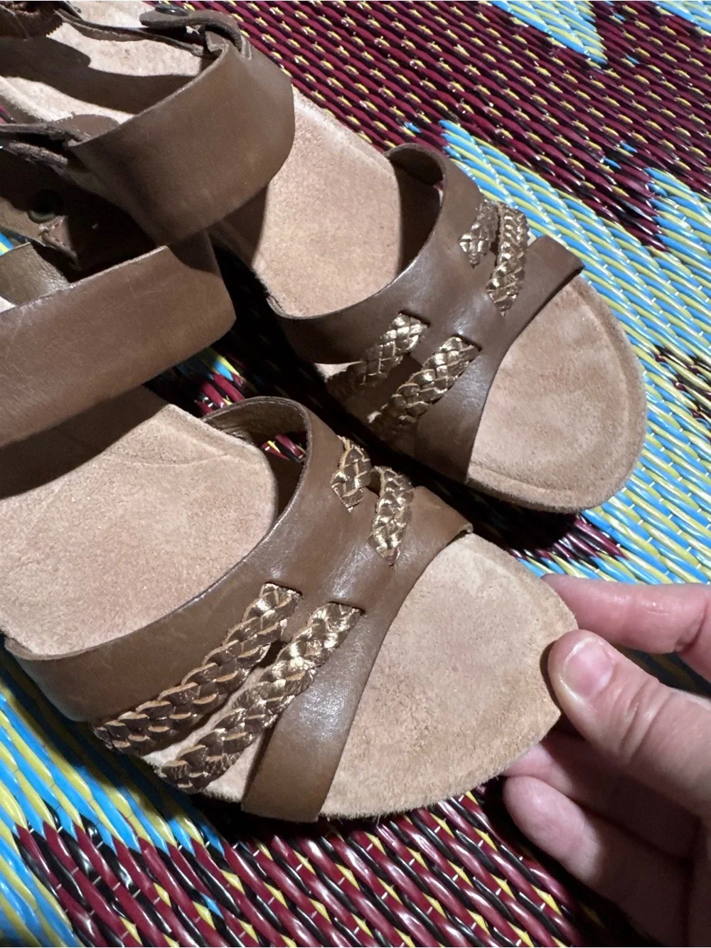 Ugg brown and gold leather open toe wedge sandal Size 6.5